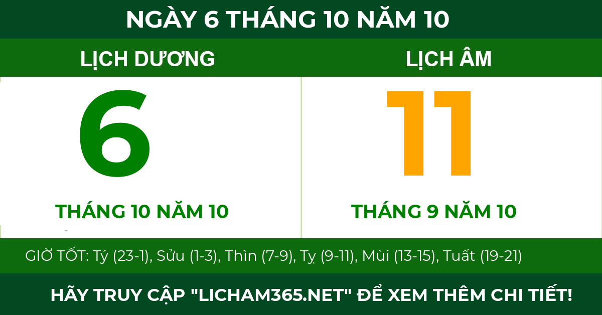 lịch âm ngày 6 tháng 10 năm 10