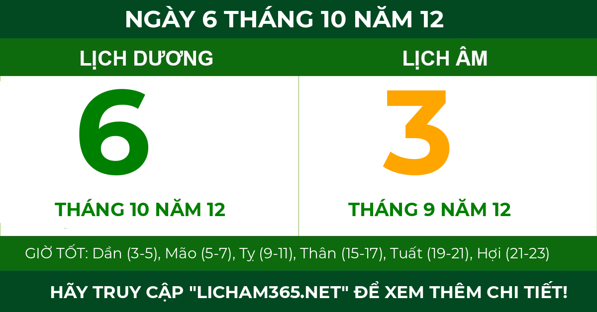 lịch âm ngày 6 tháng 10 năm 12