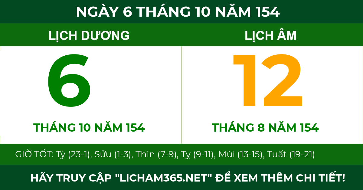 lịch âm ngày 6 tháng 10 năm 154