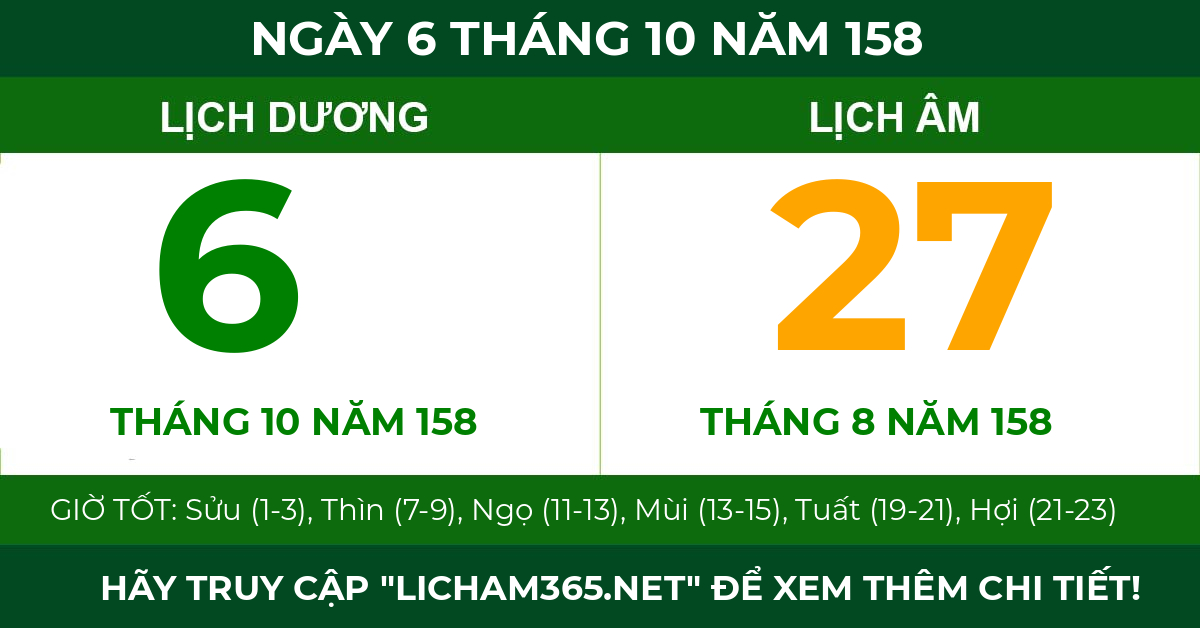 lịch âm ngày 6 tháng 10 năm 158