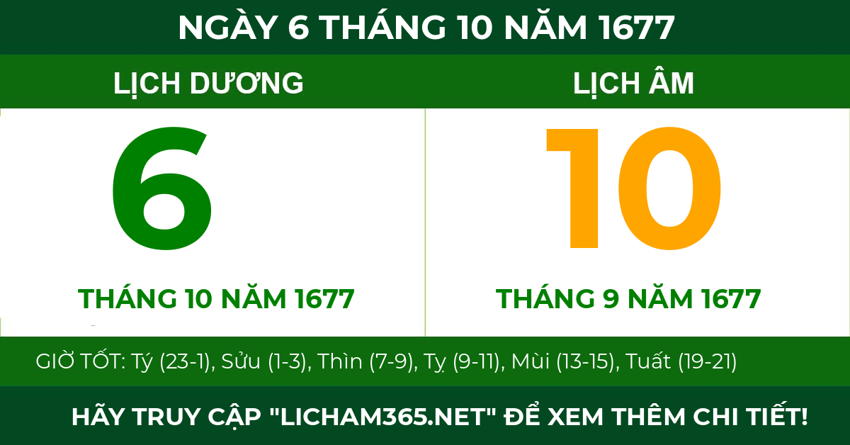 lịch âm ngày 6 tháng 10 năm 1677