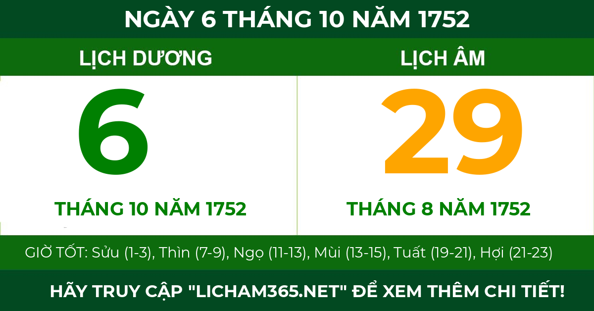 lịch âm ngày 6 tháng 10 năm 1752