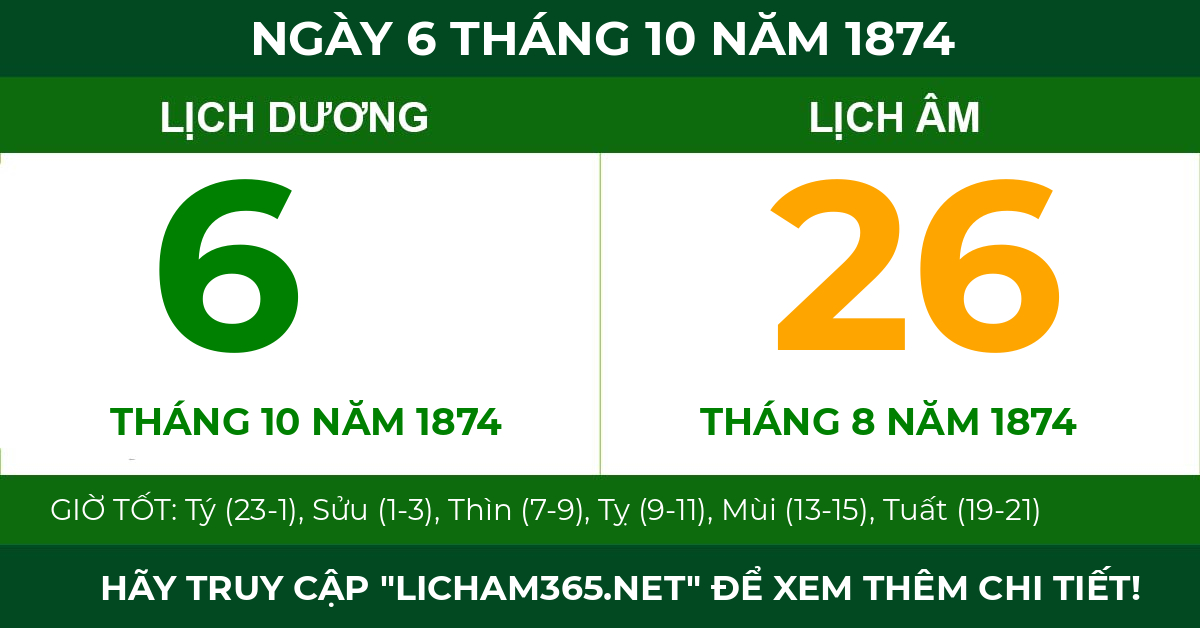 lịch âm ngày 6 tháng 10 năm 1874