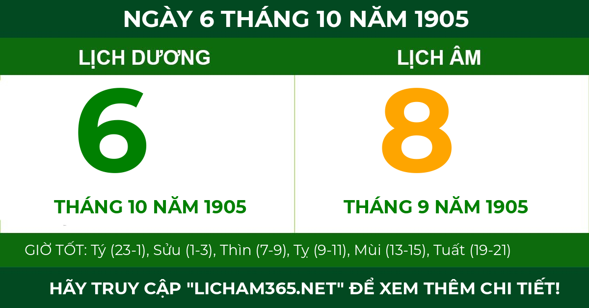 lịch âm ngày 6 tháng 10 năm 1905