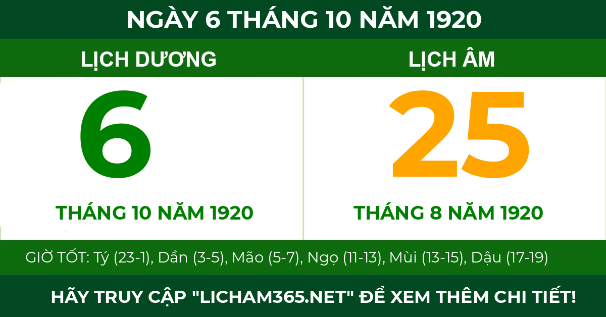 lịch âm ngày 6 tháng 10 năm 1920