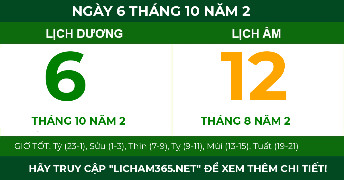 lịch âm ngày 6 tháng 10 năm 2