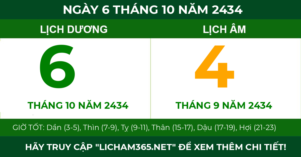 lịch âm ngày 6 tháng 10 năm 2434