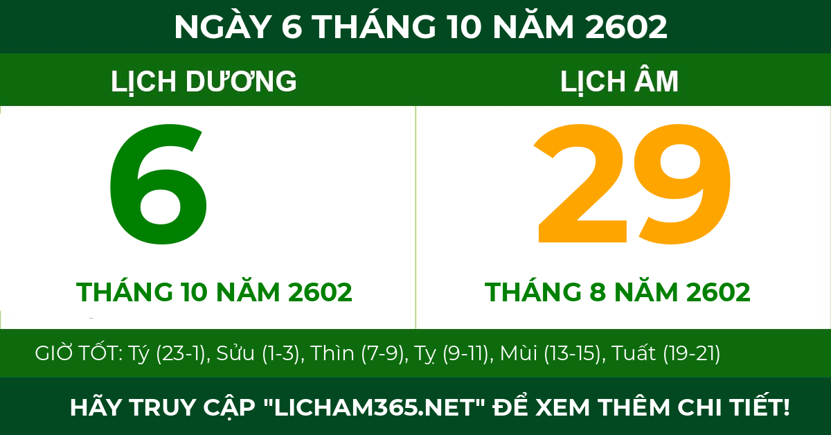 lịch âm ngày 6 tháng 10 năm 2602