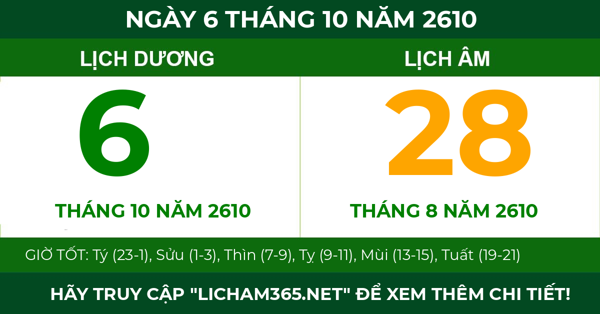 lịch âm ngày 6 tháng 10 năm 2610
