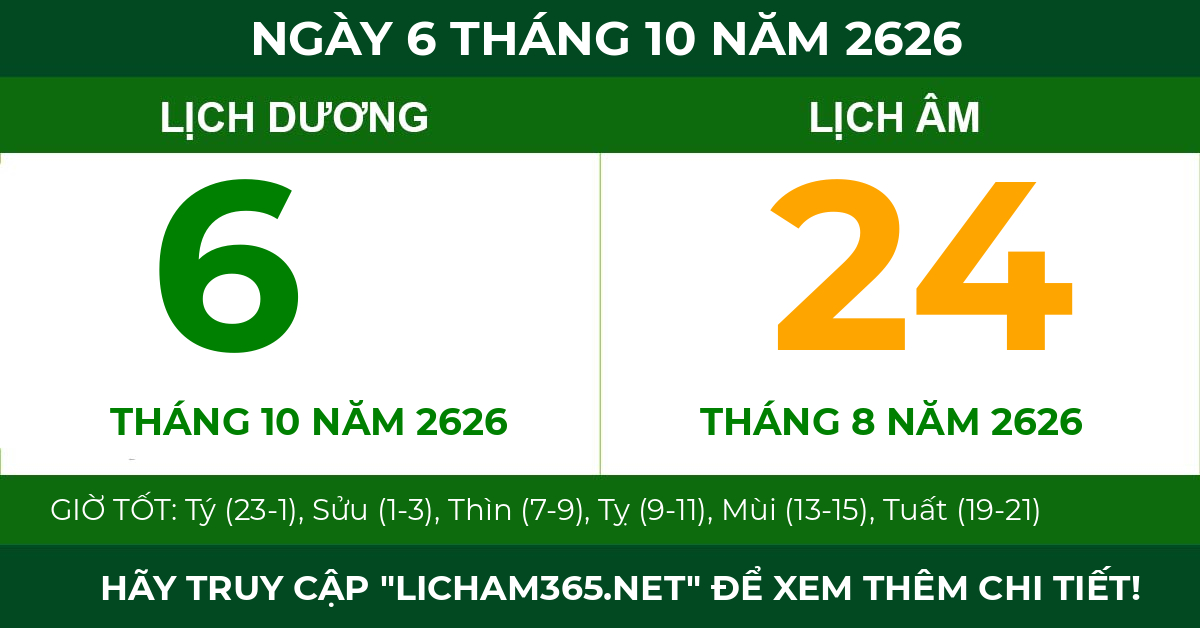 lịch âm ngày 6 tháng 10 năm 2626