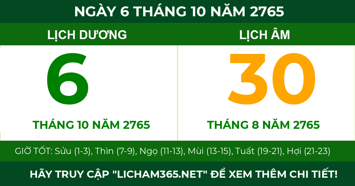 lịch âm ngày 6 tháng 10 năm 2765