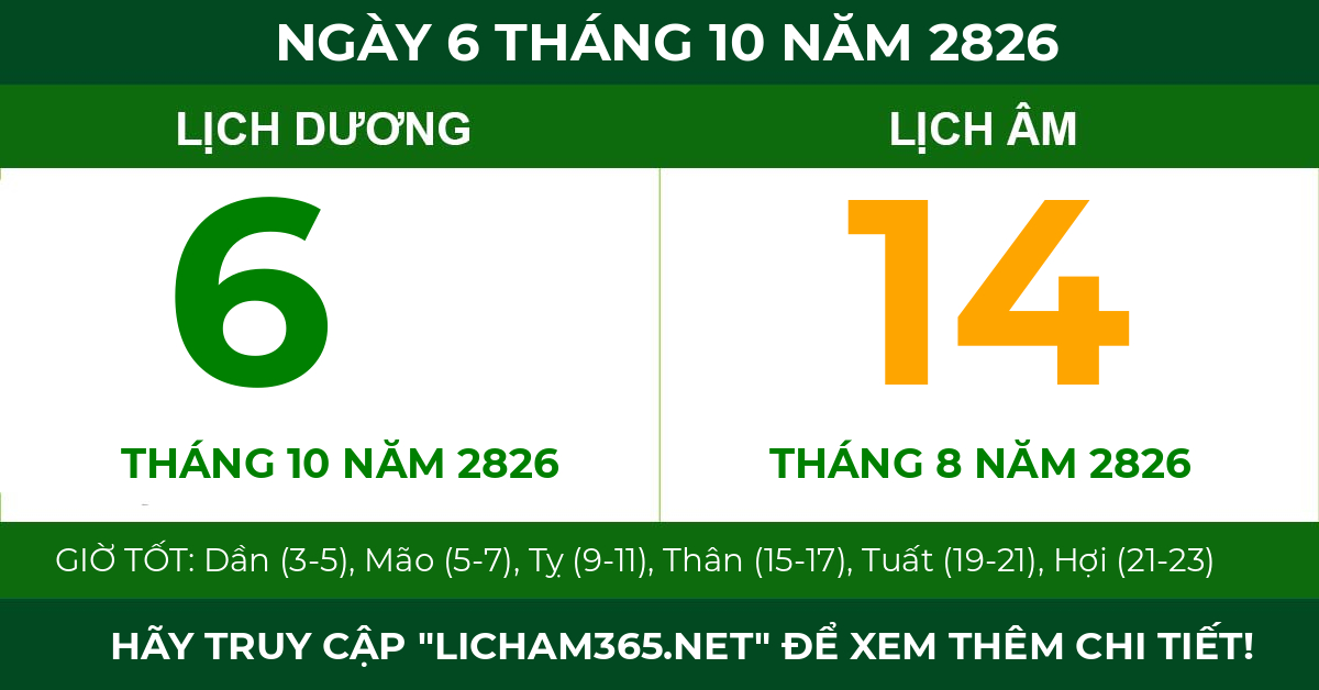 lịch âm ngày 6 tháng 10 năm 2826