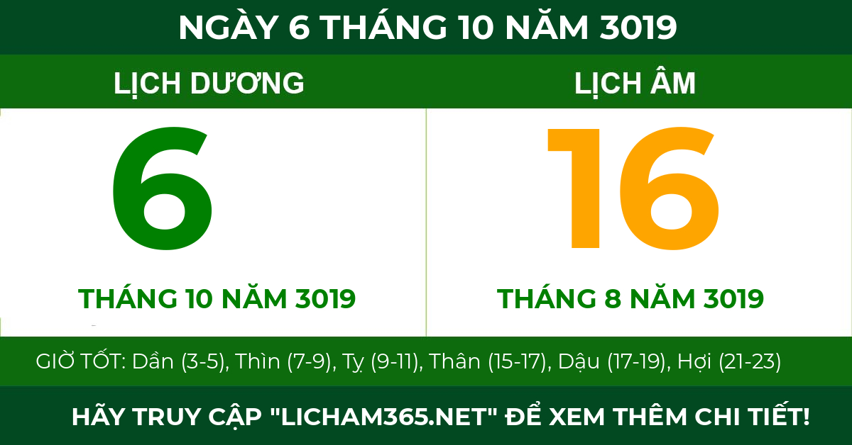 lịch âm ngày 6 tháng 10 năm 3019