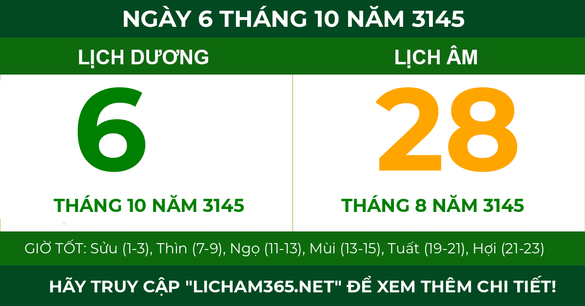 lịch âm ngày 6 tháng 10 năm 3145