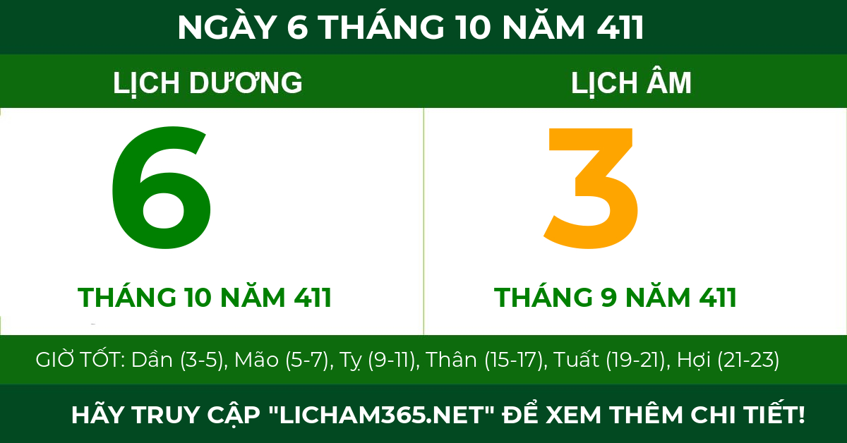 lịch âm ngày 6 tháng 10 năm 411