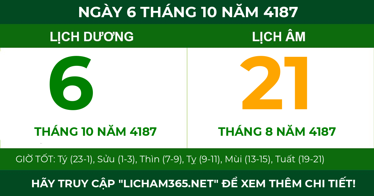 lịch âm ngày 6 tháng 10 năm 4187