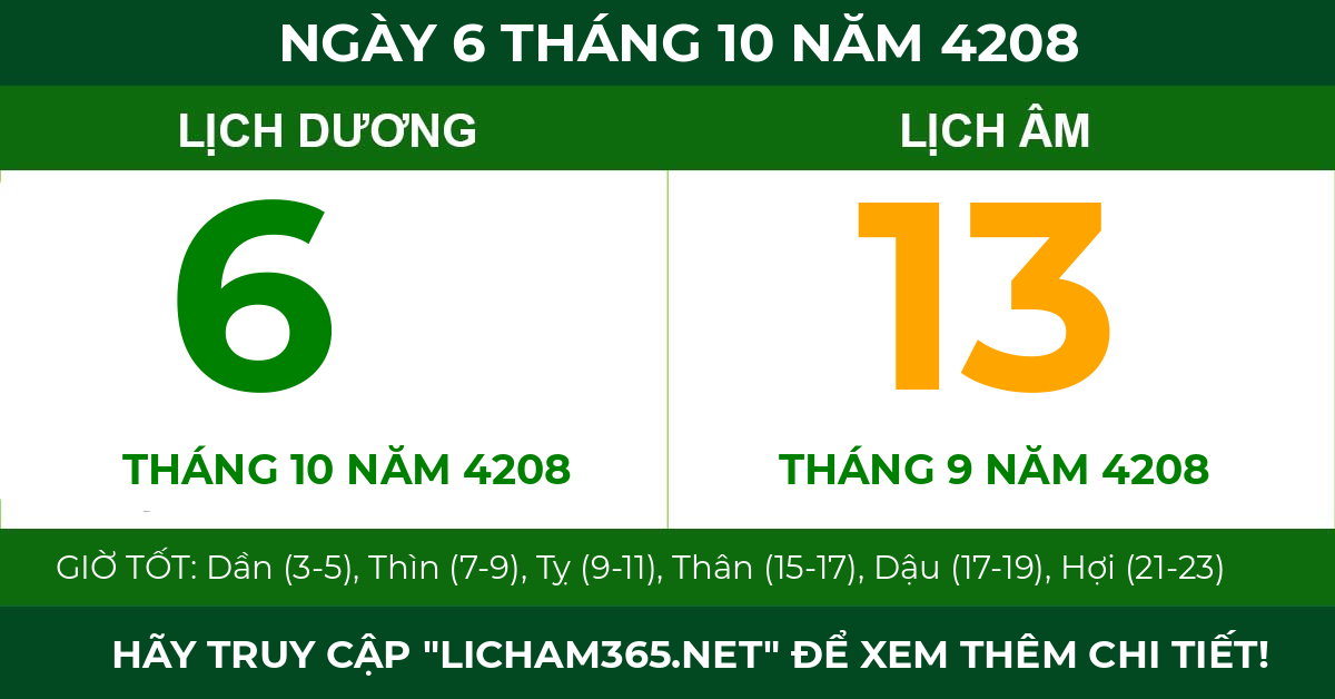 lịch âm ngày 6 tháng 10 năm 4208