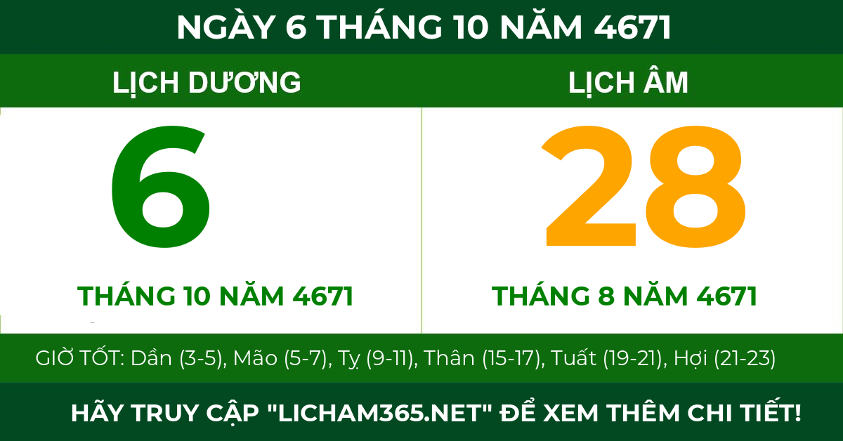 lịch âm ngày 6 tháng 10 năm 4671
