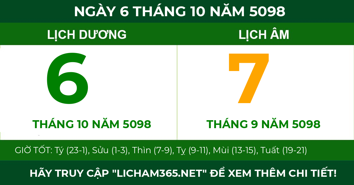 lịch âm ngày 6 tháng 10 năm 5098