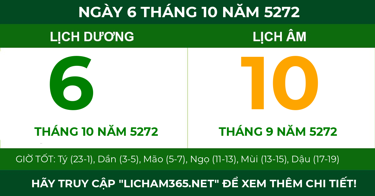 lịch âm ngày 6 tháng 10 năm 5272
