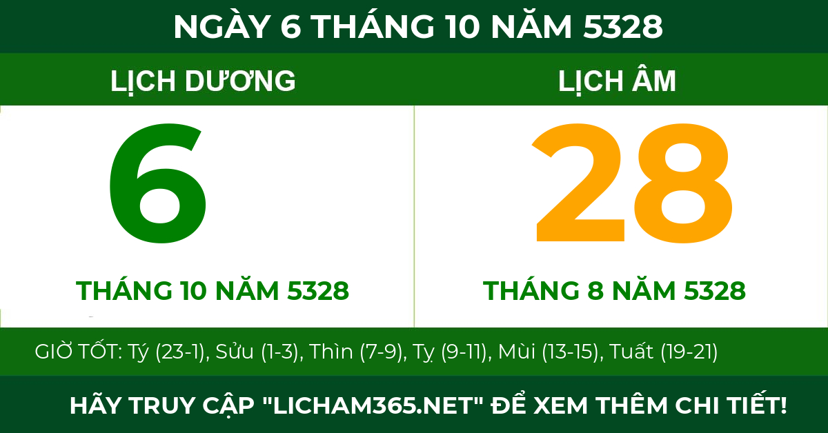 lịch âm ngày 6 tháng 10 năm 5328