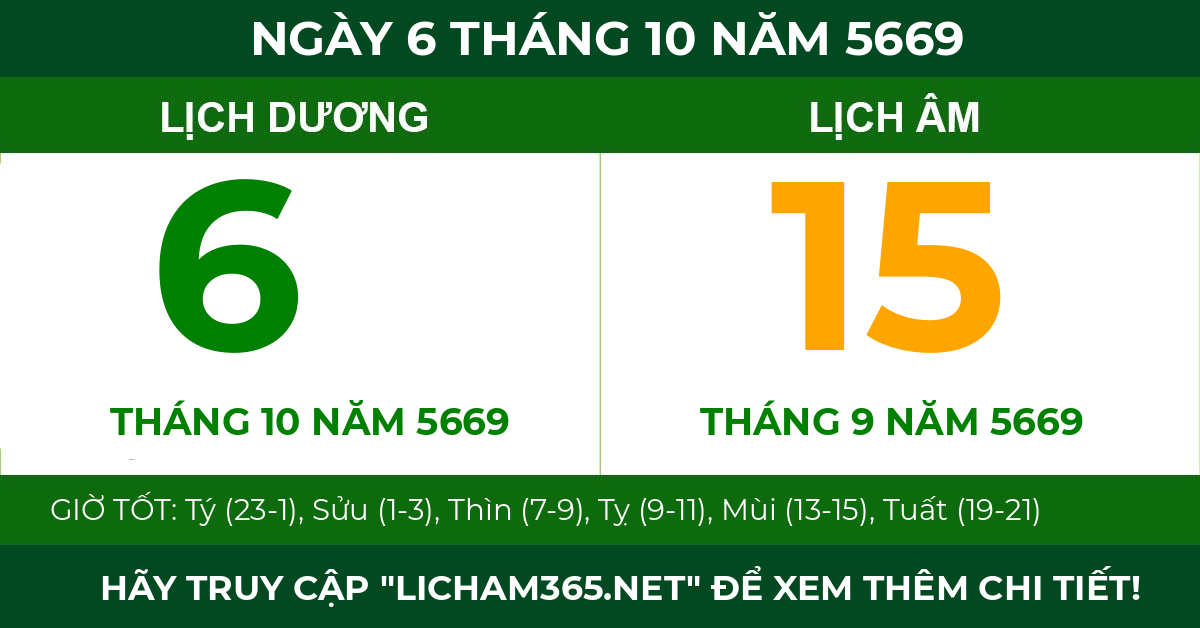 lịch âm ngày 6 tháng 10 năm 5669
