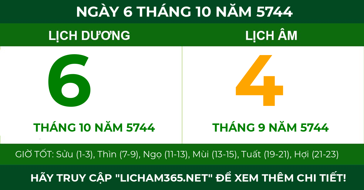 lịch âm ngày 6 tháng 10 năm 5744