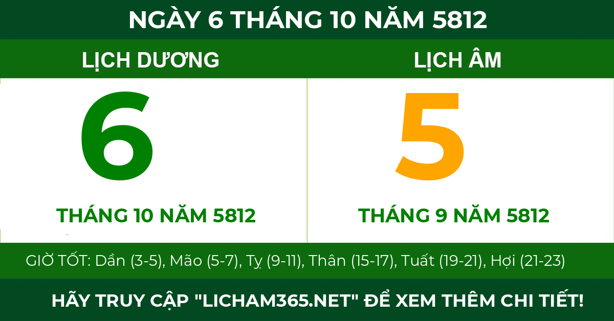 lịch âm ngày 6 tháng 10 năm 5812