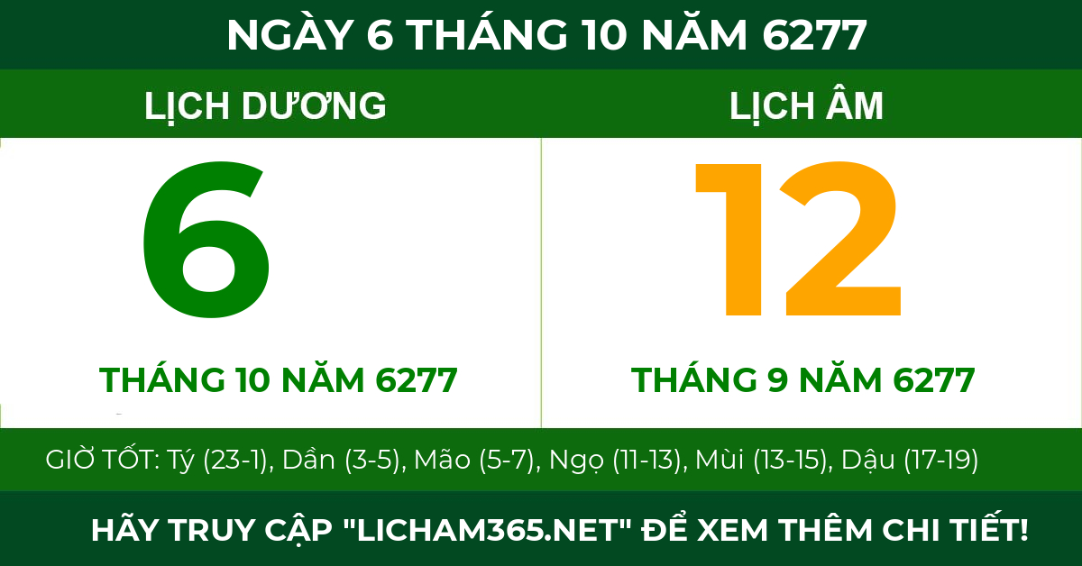 lịch âm ngày 6 tháng 10 năm 6277