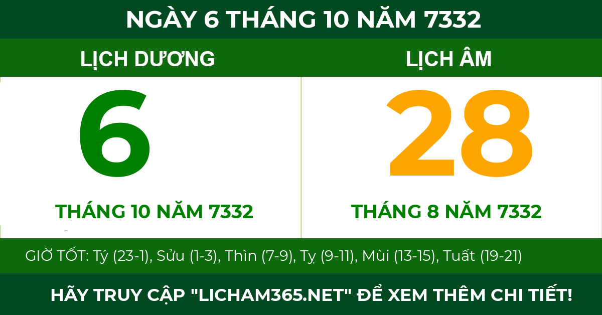 lịch âm ngày 6 tháng 10 năm 7332