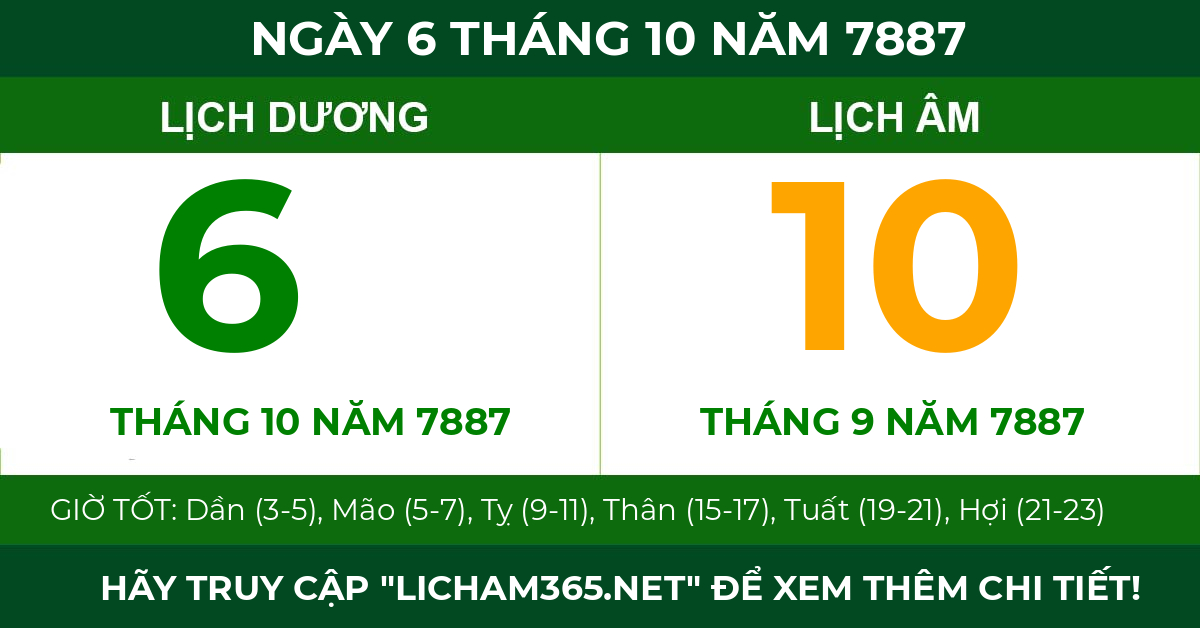 lịch âm ngày 6 tháng 10 năm 7887