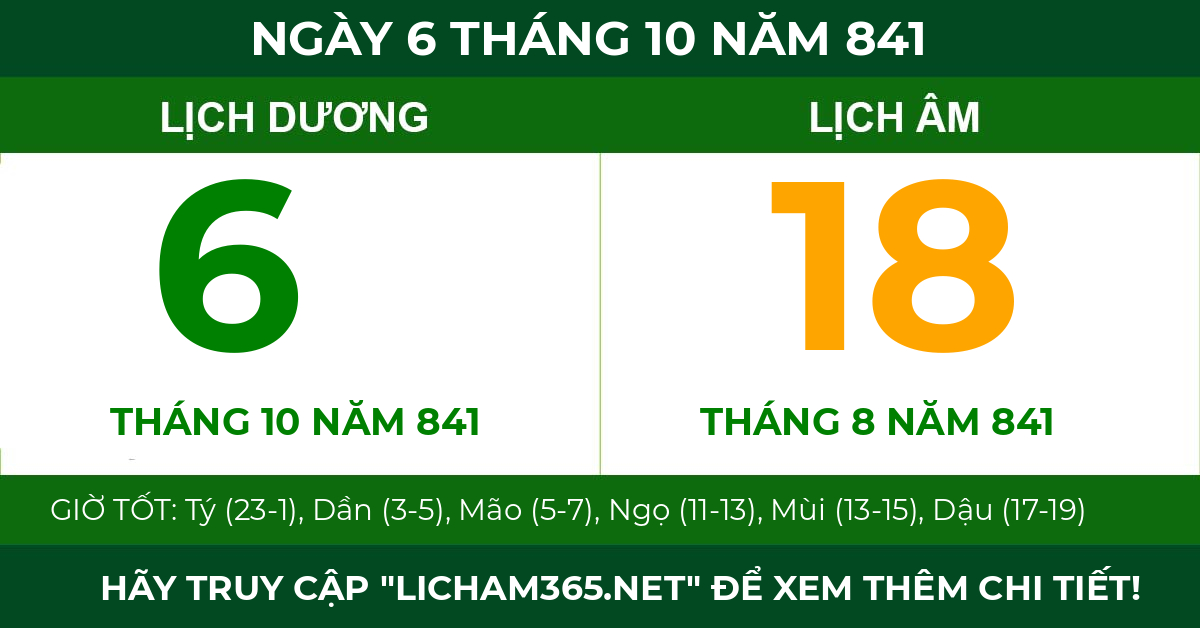 lịch âm ngày 6 tháng 10 năm 841
