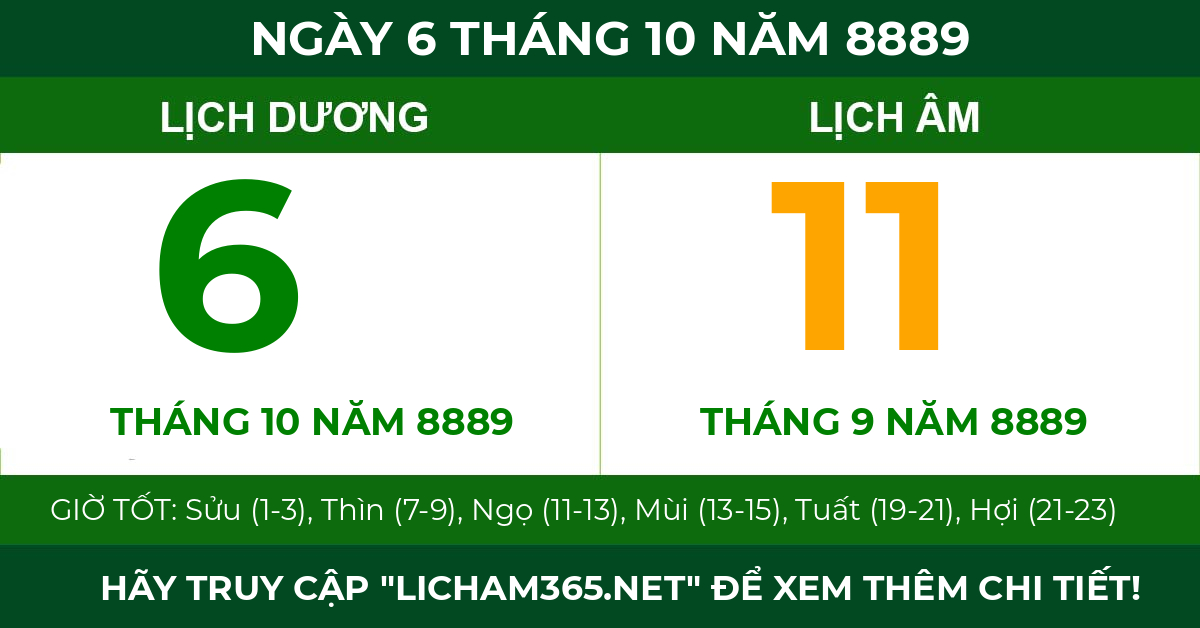 lịch âm ngày 6 tháng 10 năm 8889