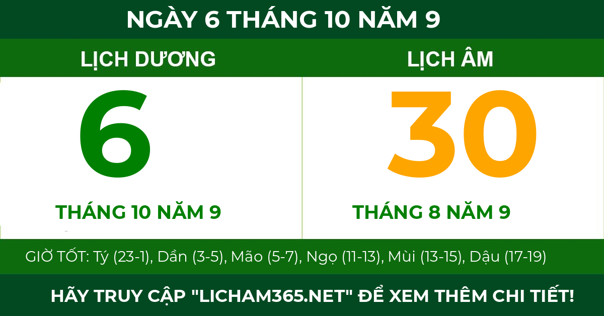 lịch âm ngày 6 tháng 10 năm 9