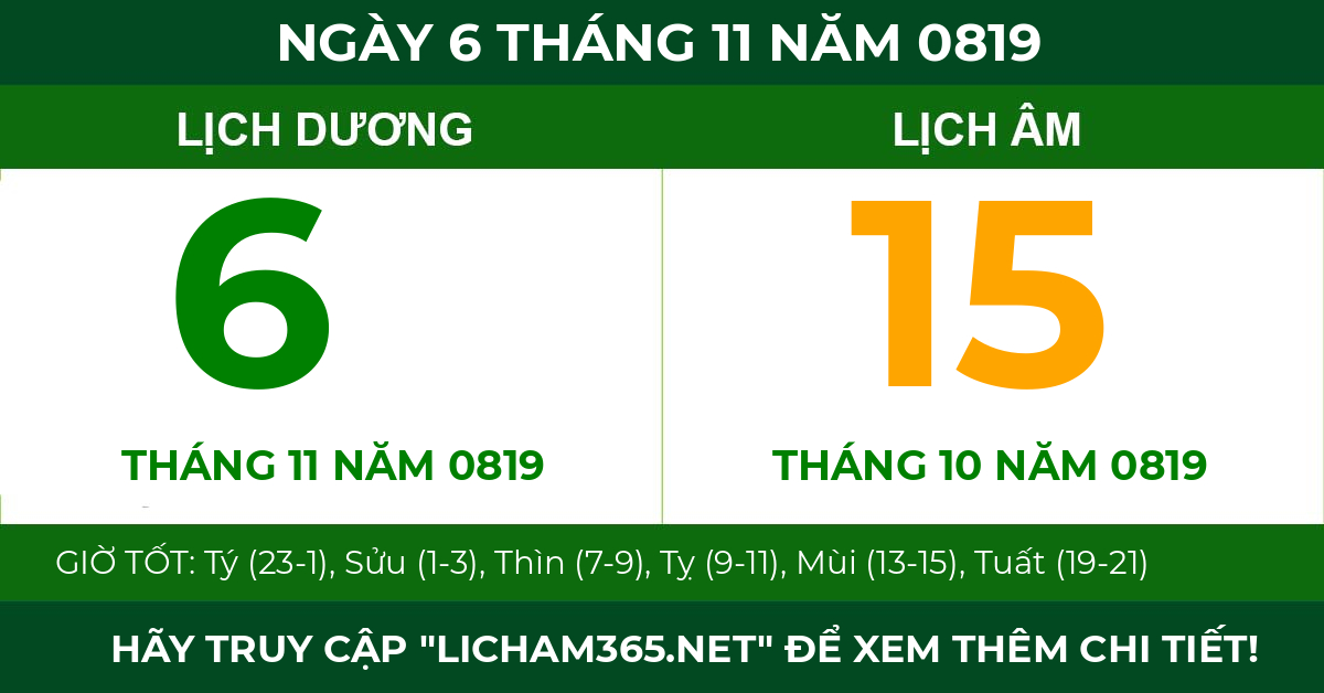 lịch âm ngày 6 tháng 11 năm 0819