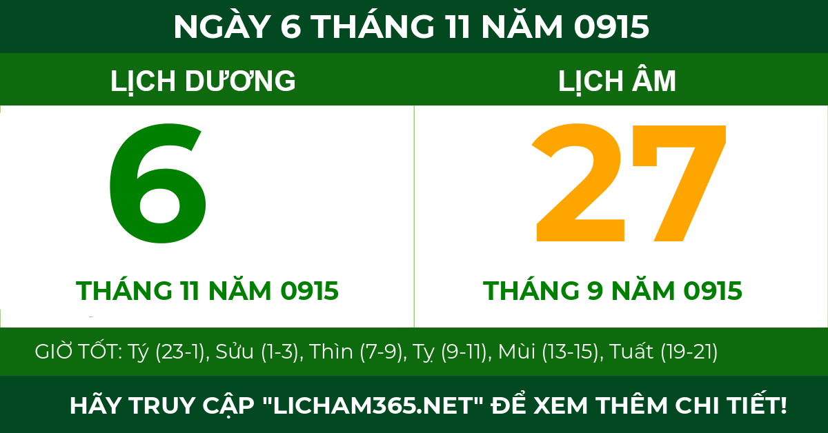 lịch âm ngày 6 tháng 11 năm 0915