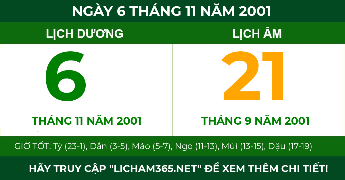 lịch âm ngày 6 tháng 11 năm 2001