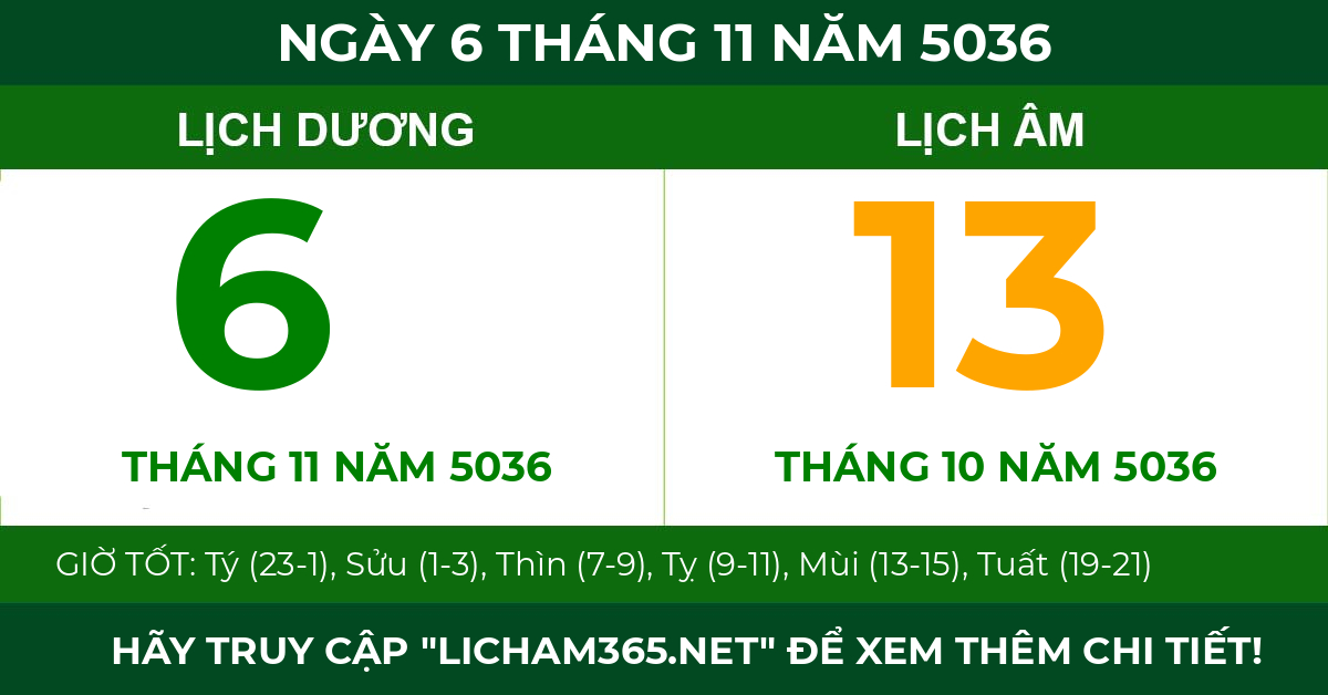 lịch âm ngày 6 tháng 11 năm 5036