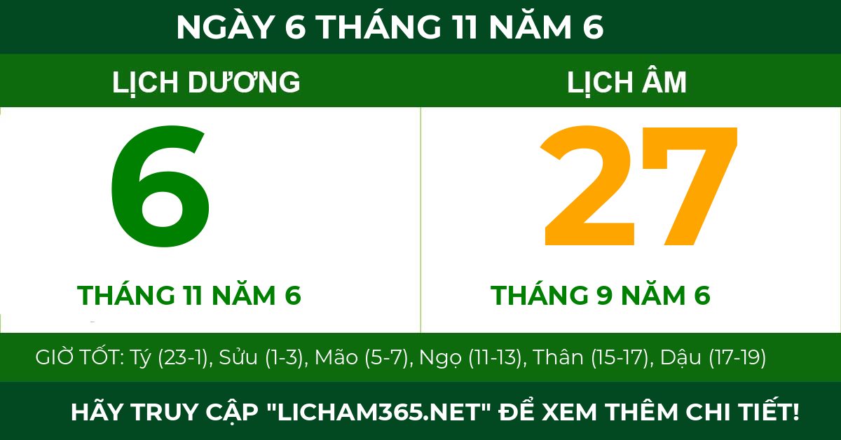 lịch âm ngày 6 tháng 11 năm 6
