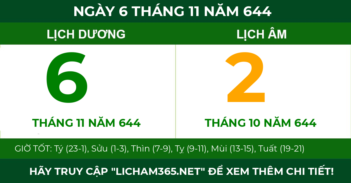 lịch âm ngày 6 tháng 11 năm 644