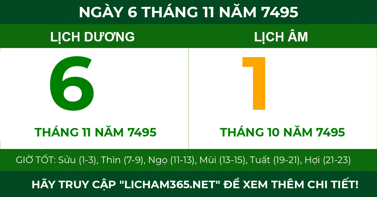 lịch âm ngày 6 tháng 11 năm 7495