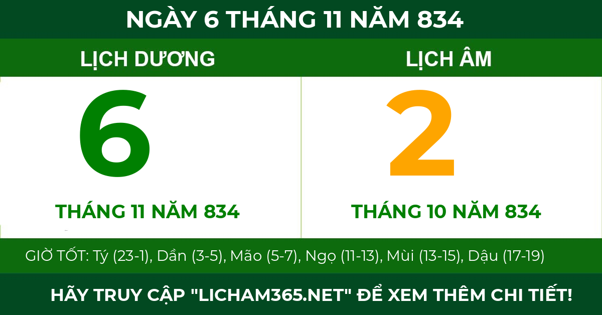 lịch âm ngày 6 tháng 11 năm 834
