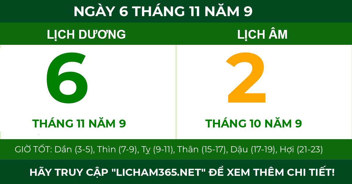 lịch âm ngày 6 tháng 11 năm 9
