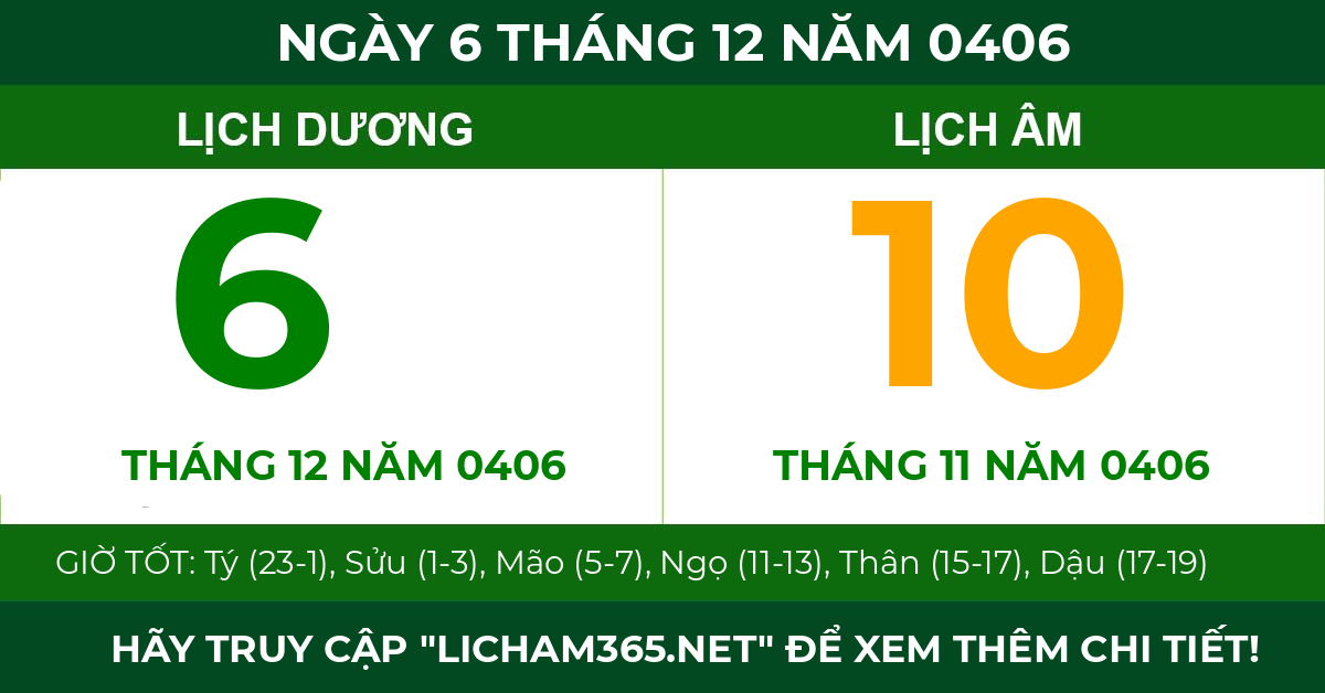 lịch âm ngày 6 tháng 12 năm 0406