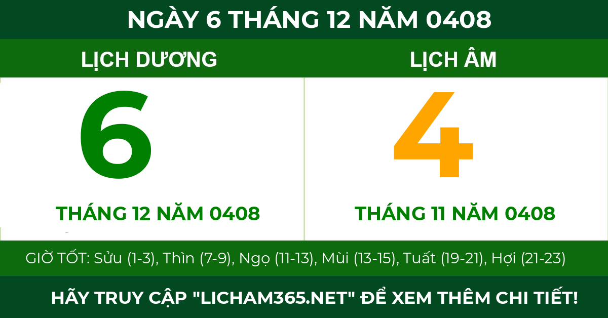 lịch âm ngày 6 tháng 12 năm 0408