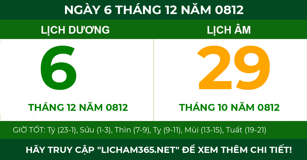 lịch âm ngày 6 tháng 12 năm 0812