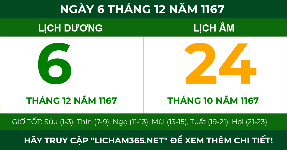 lịch âm ngày 6 tháng 12 năm 1167