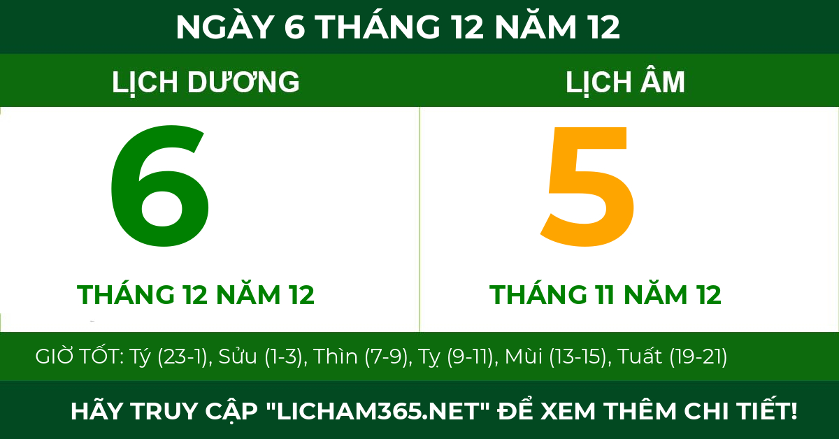 lịch âm ngày 6 tháng 12 năm 12