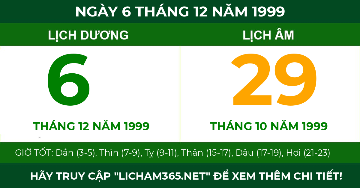 lịch âm ngày 6 tháng 12 năm 1999