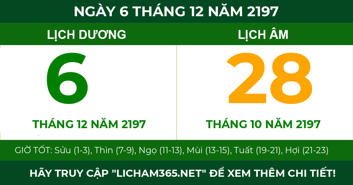 lịch âm ngày 6 tháng 12 năm 2197
